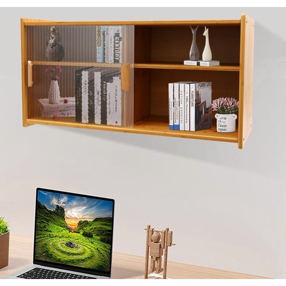 Bamboo Countertop Kitchen Cabinet with 2 Sliding Glass Door, Wall Mounted Kitchen Pantry Freestanding Sideboard, Bar Storage Cabinet, Console Dining Cupboard for Dish, Bottle (Burlywood 30.3in)
