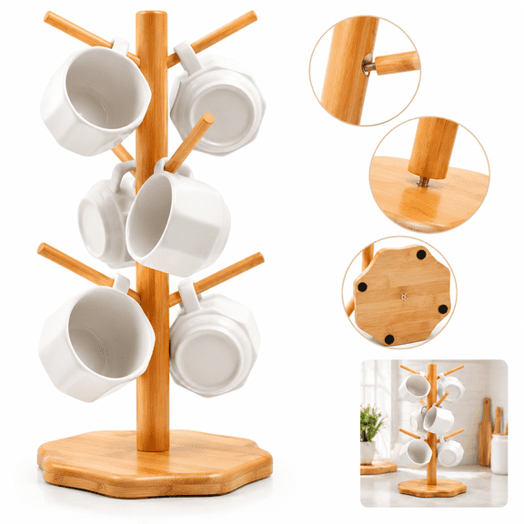 Bamboo Countertop Mug Tree Stand, 6 Hooks Octagon Base Coffee Cup Holder for Home Kitchen Organization