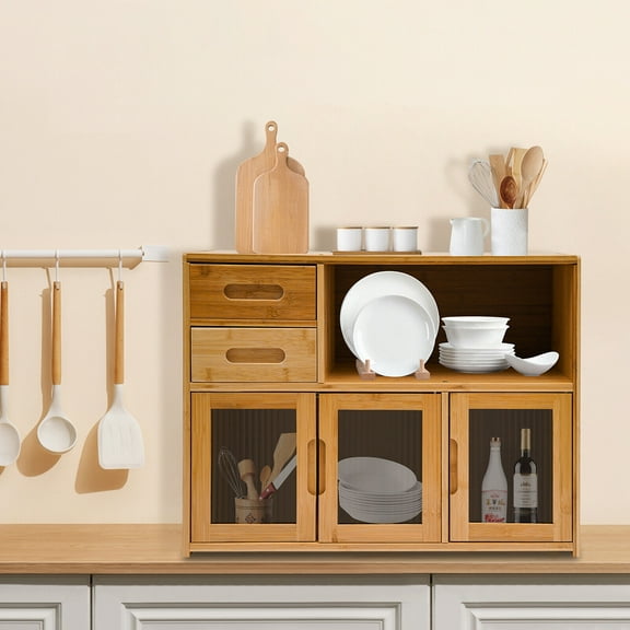 Bamboo Countertop Shelf Storage Cabinet Shelf Kitchen Pantry Sideboard with 2 Drawers