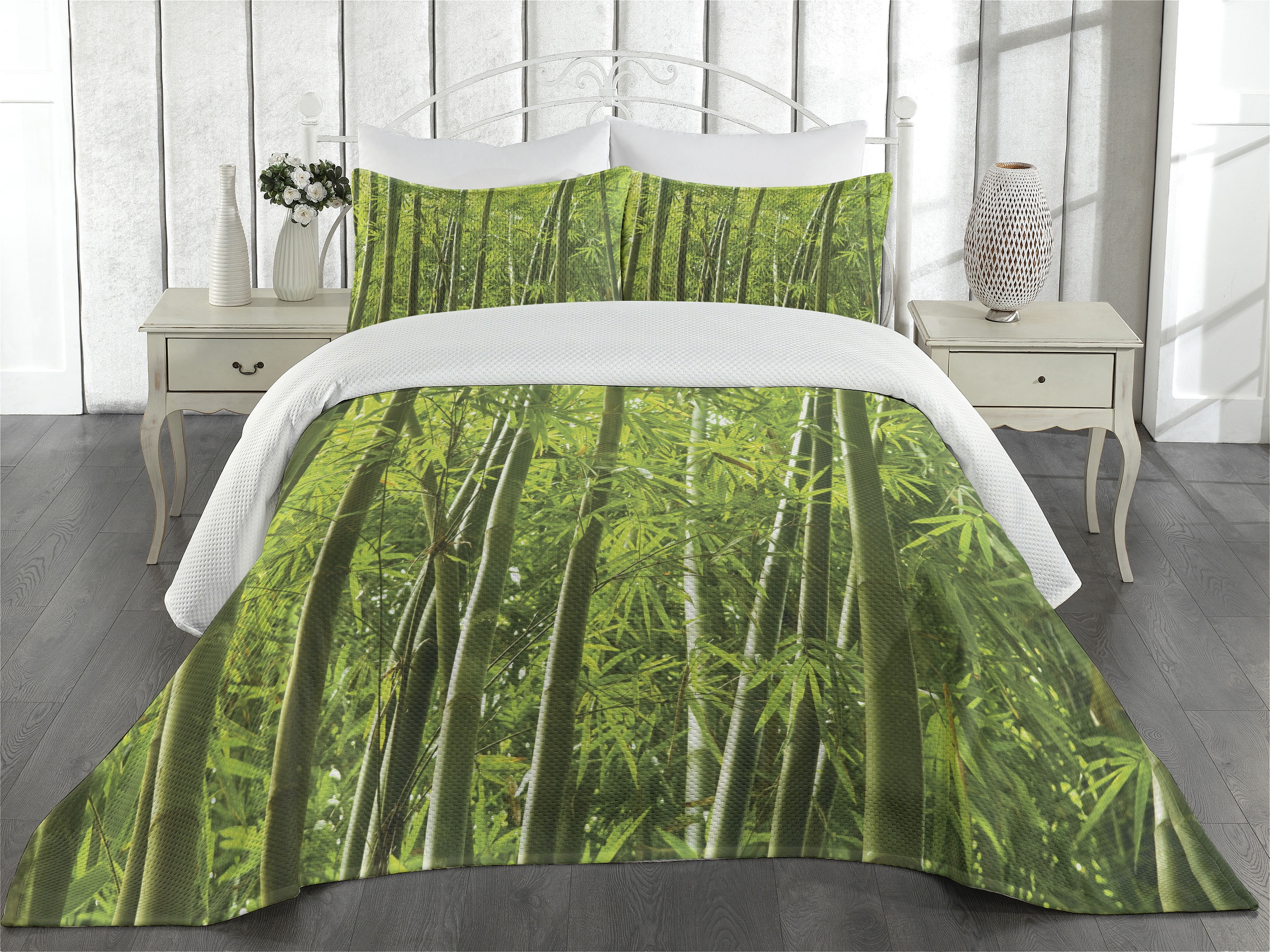 Bamboo Coverlet Set King Size, Exotic Tropical Bamboo Forest with Fresh