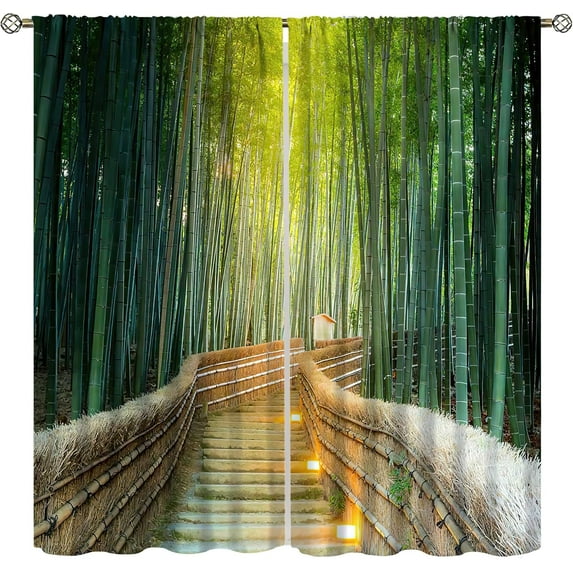 Bamboo Curtain,Tropical Nature Bridge Print Blackout Curtains,Green Natural Forest Landscape Thermal Insulated Rod Pocket Window Drapes for Bedroom Living Room Kitchen Home Decor.52x84 Inch