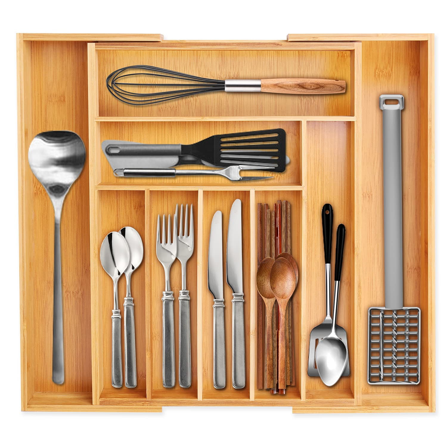 Bamboo Cutlery Tray, Kitchen Drawer Cutlery Tray with 79 Adjustable