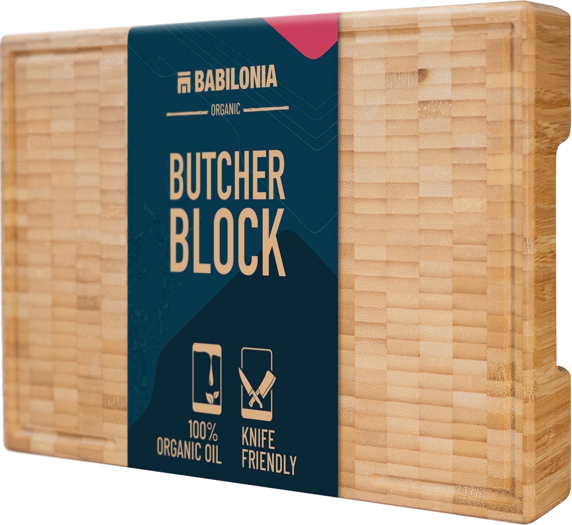 Babilonia Bamboo Cutting Board, 15.7 x 10.2 x 1.7 inch End Grain Wood Chopping Board with Juice Groove and Handle (Oil & Plate Included)