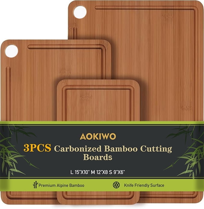 Bamboo Cutting Board, AOKIWO Durable Cooking Wood Cutting Boards for Kitchen with Deep Juice Grooves & Built-in Handles, Ideal Gifts Woden Boards for Meat, Vegetables and Fruits