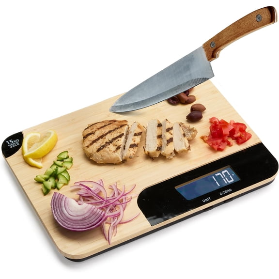 Bamboo Cutting Board & Digital Food Scale, 33 lb Capacity, Measures Grams & Ounces, Multi-Functional for Food Prep, Baking, Dieting, Portion Control, Kitchen Gadgets Gift