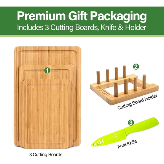 Bamboo Cutting Board For Kitchen, Bamboo Cutting Board Set of 3 with Juice Groove, Double-Sided Chopping Board Serving Board for Meat, Vegetables and Cheese
