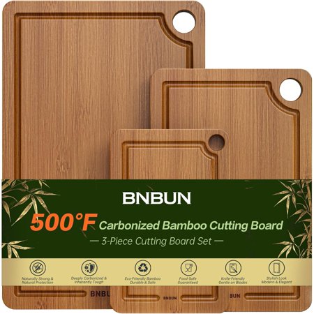 Bamboo Cutting Board for Kitchen, Wooden Cutting Board 3-Piece Set with Non-Slip Mat Deep Juice Groove and Built-In Handles, Wood Cutting Board for Meat Vegetables Fruit Ideal Gift for the Home