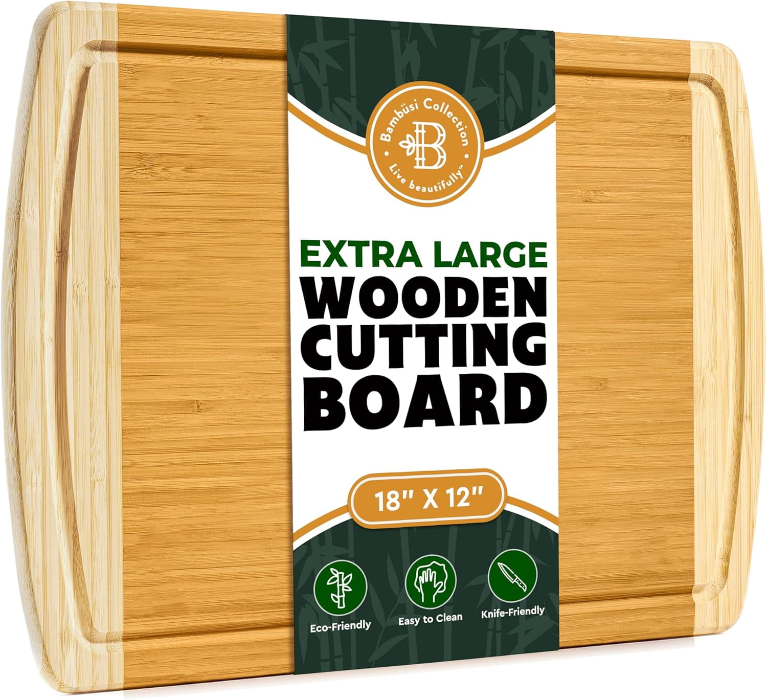 Bamboo Cutting Board, Large Wooden Chopping Board with Juice Groove & Handles, Serving Tray for Meat, Vegetables, Fruit, Cheese & Charcuterie, 18" x 12"