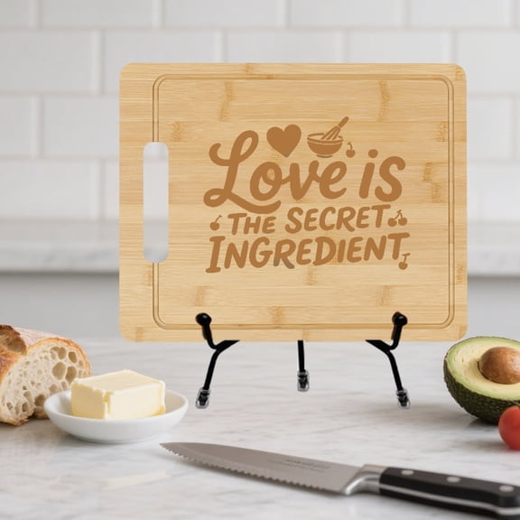 Bamboo Cutting Board with "Love Is The Secret Ingredient" Engraving – 7.5x12x0.6in Natural Bamboo Chopping Board with Handle, Kitchen Prep & Serving Platter