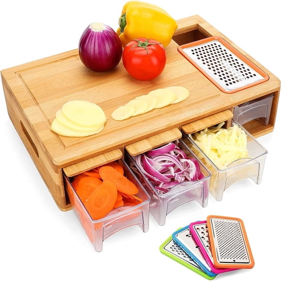 Bamboo Cutting Board with Removable Storage Drawers, Lids & Graters, Large Multi-functional Carving Board with Juice Groove, Non-slip Base & Easy-grip Handle