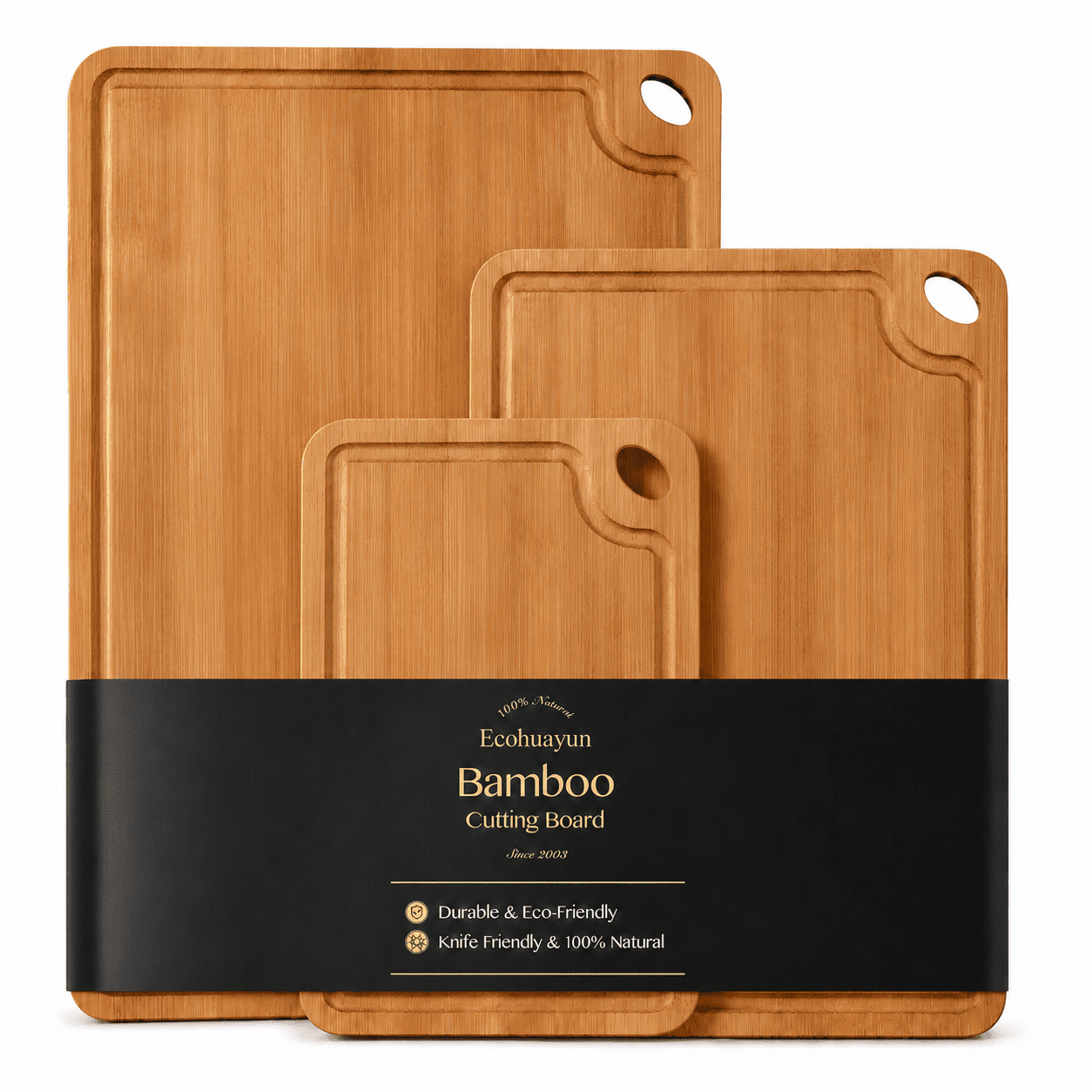 Bamboo Cutting Board Set, 3 Piece Kitchen Boards with Deep Grooves, Double-Sided Design, Hanging Holes, Large 15x10, Medium 12x8, Small 9x6 Inches