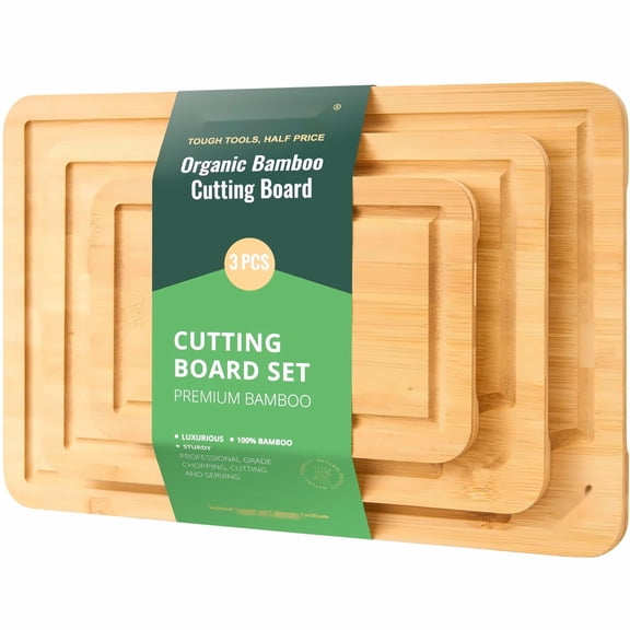 Bamboo Cutting Board Set, 3-Piece Organic Bamboo Cut Boards with Handles - Kitchen Prep, Chopping, Serving - Sustainable, Eco-Friendly