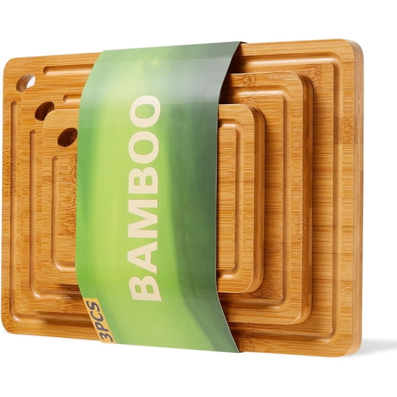 Bamboo Cutting Board Set of 3 - Thick & Durable Wood Cutting Boards with Deep Juice Grooves & Build-in Handles, Large Surface, Easy to Clean – for Meat, Vegetables and Fruits (Set of 3)