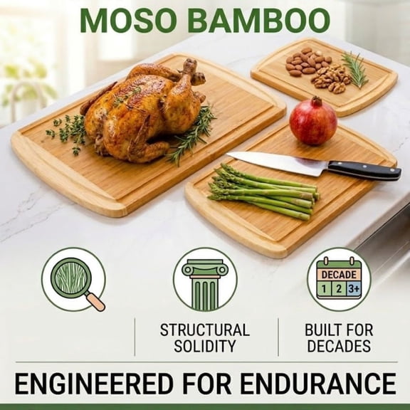 Bamboo Cutting Board Set of 3 with Vertical Grain Strength Technology - Extra Large Wood Cutting Boards for Kitchen and Lightweight Chopping Board Set - Replacements for Life