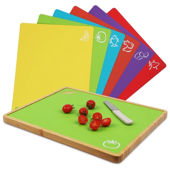 Bamboo Cutting Board Set with 6 Color-Coded Flexible Chopping Mats,BPA Free, Durable & Multi-Purpose for Kitchen Prep, Ideal Charcuterie & Chopping for Meat, Vegetables and Fruits Ideal Kitchen Gifts