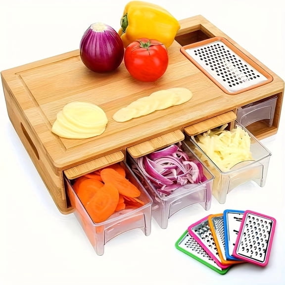Bamboo Cutting Board with Storage Drawer, Built-in Juice Tank and Food Drop Area, Multi-Functional Carving Board with Easy Handgrip for Vegetables, Cheese and Meat Prep
