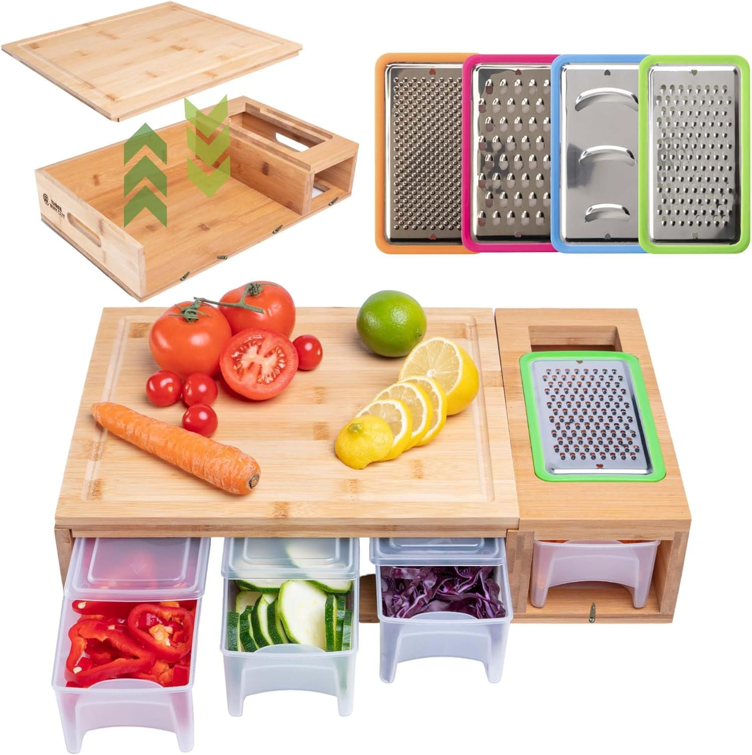 Bamboo Cutting Board With Containers - Meal Prep Station With Removable Top, Kitchen Boards & Food Storage Tray With Lids, Home Prepdeck Marble & Veggie Shredder Wood Prepboard Deck Slide Drawer Bins