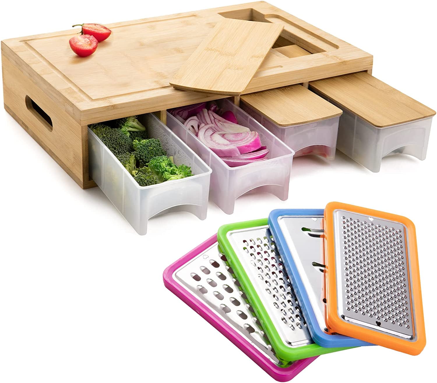 Bamboo Cutting Board with Containers - Meal Prep Station with Removable Top