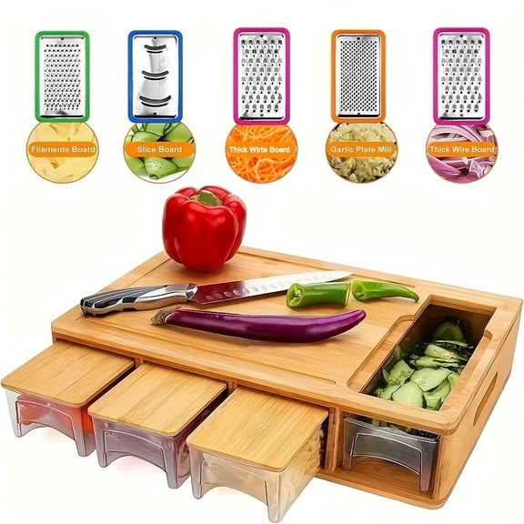 Bamboo Cutting Board with Food Container Storage Box for Vegetables Cheese and Meat Easy Handgrip Cutting Board with Drawers