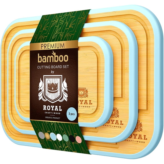 Bamboo Cutting Board with Juice Groove (3-Piece Set) - Best Kitchen Chopping Board for Meat (Butcher Block) Cheese and Vegetables (Blue)