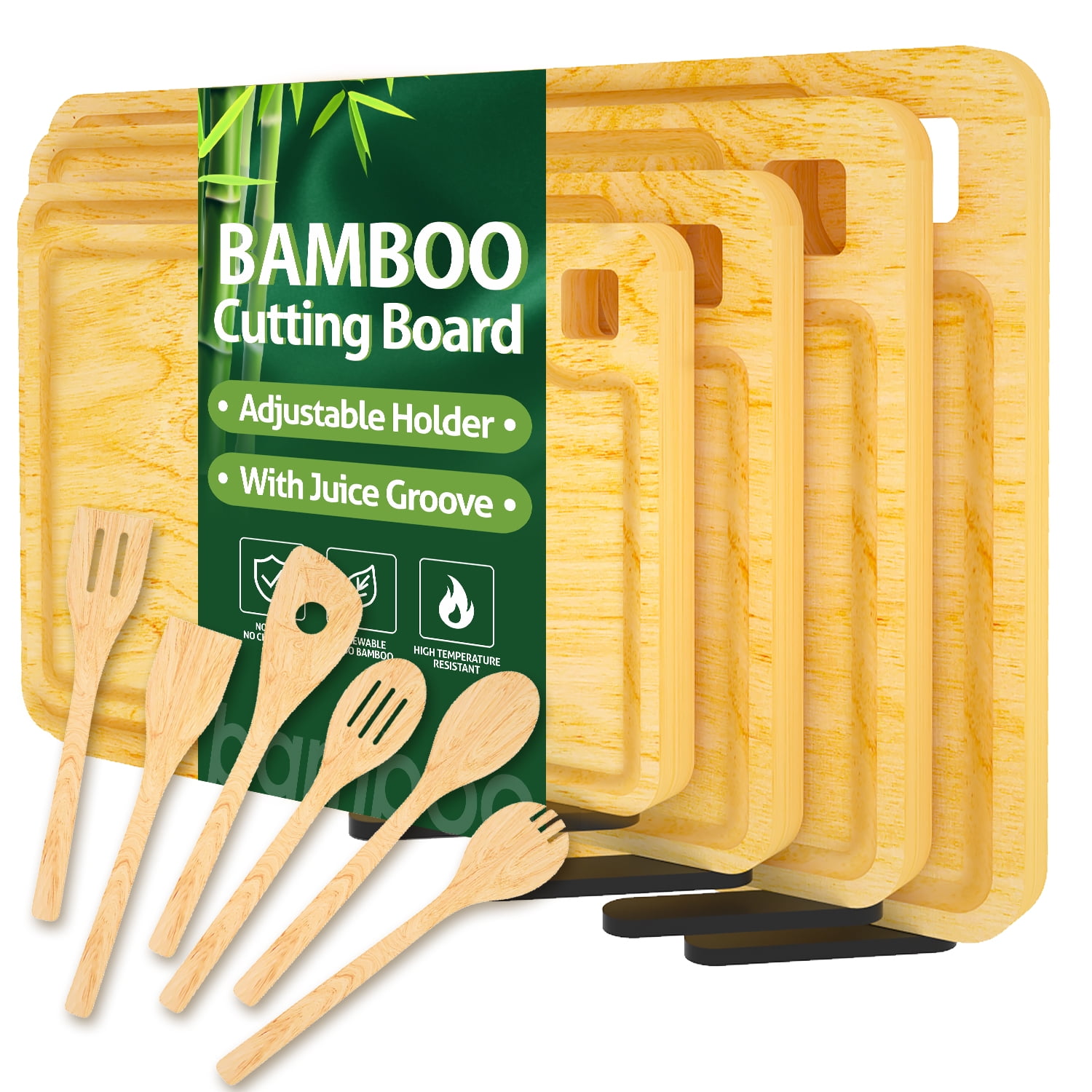Bamboo Cutting Boards for Kitchen, Wood Cutting Board with Holder, Bamboo Cutting Board Set Reversible with Juice Grooves for Meat Cheese Fruit and