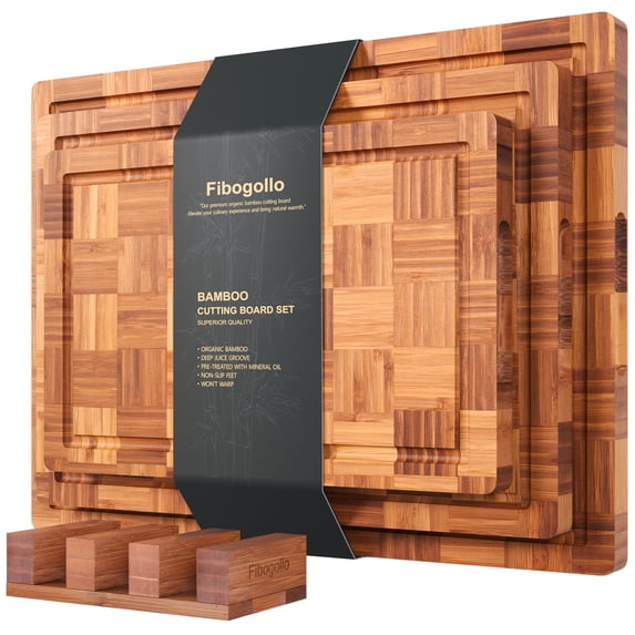 Bamboo Cutting Boards for Kitchen(Set of 3),Chopping Boards with Juice Groove,End Grain Serving Board with Holder,Bamboo Butcher Block for Meat,Vegetables,Fruit