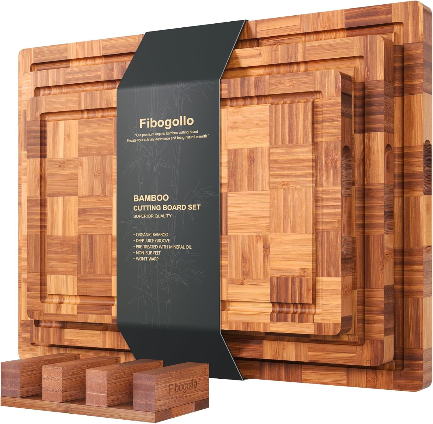 Bamboo Cutting Boards for Kitchen(Set of 3),Chopping Boards with Juice Groove,End Grain Serving Board with Holder,Bamboo Butcher Block for Meat,Vegetables,Fruit