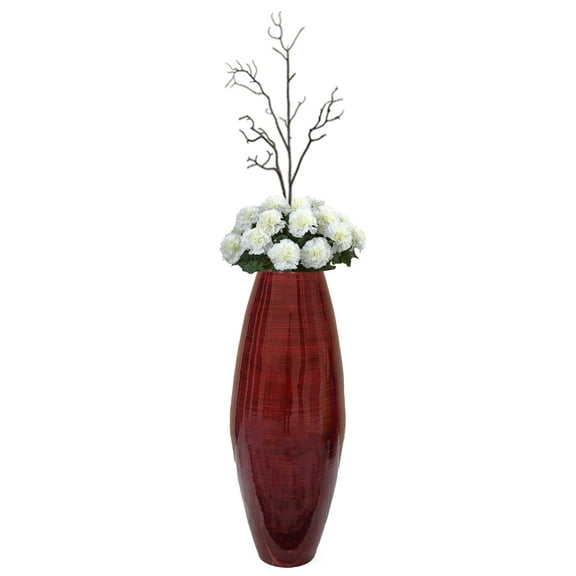 Bamboo Cylinder Floor Vase  - Handcrafted Tall Decorative Vase - Ideal for Dining Room, Living Room, 16.5 Inch, Red