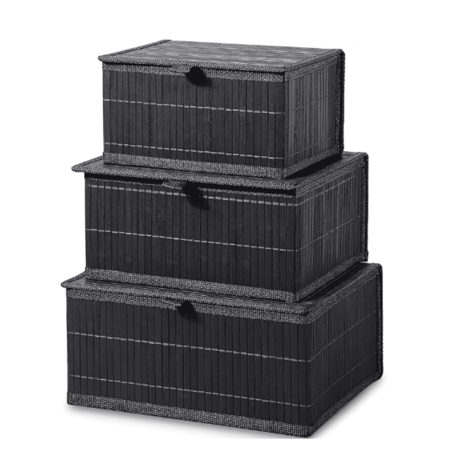 Bamboo D rative Storage Boxes - Set of 3 Woven Lined Storage Basket with Lids, Black Wicker Lidded Baskets for Home Kitchen Shelf Organizer D r