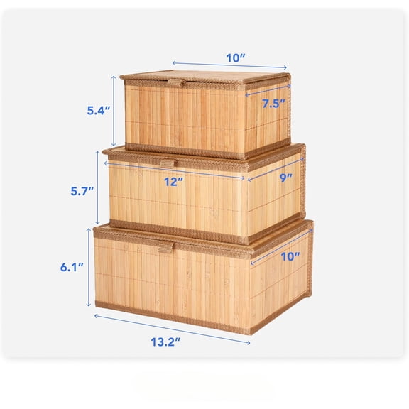 Bamboo Decorative Storage Boxes With Lids - Nesting Rectangular Lidded Box for Organization - Stackable Basket with Cloth Liner - Organizer for Toys, Home, Office - Woven Basket - Set of 3