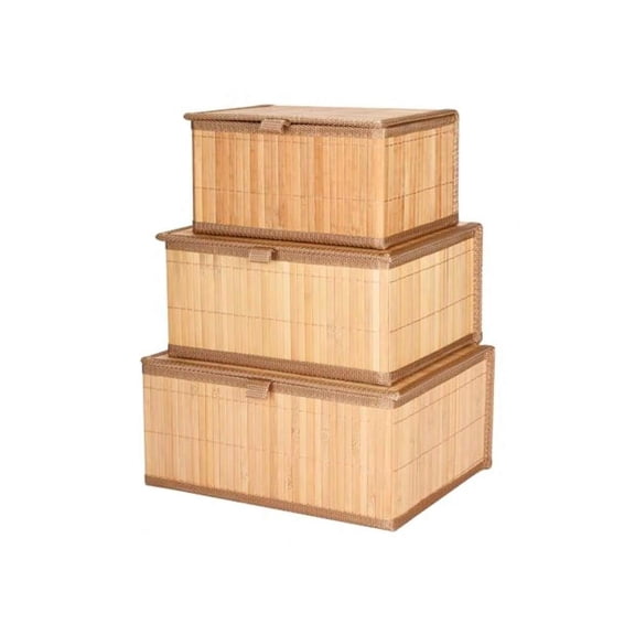 Bamboo Decorative Storage Boxes With Lids Nesting Rectangular Lidded Box For Organization Stackable Basket With Cloth Liner Organizer For Toys Home Office Woven Basket Set Of 3