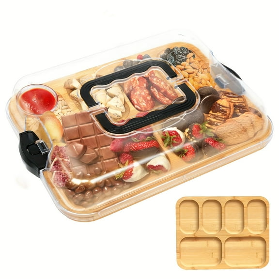 Bamboo Deli Board with Locking Clear Lid | Portable Cheese Tray, Easy-Clean Serving Platter for Parties, Picnics, Charcuterie - Ideal Housewarming, Wedding Gift for Women, Bamboo Serving Tray