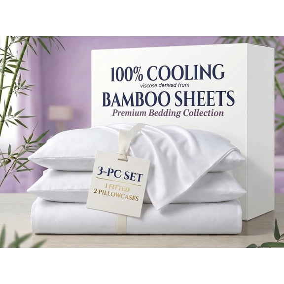 Bamboo Derived Viscose 3-PC (1 Fitted, 2 Pillowcases) Sheet Set King Size - 1000 Thread Count Silky Soft, Breathable & Moisture Wicking Naturally Cooling - 21" Deep Pocket - White