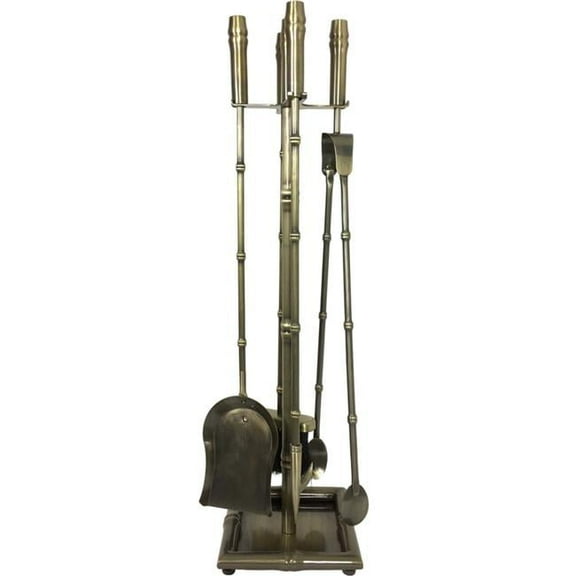 Bamboo Design Fireplace Tool Set, Antique Brass - 5 Piece