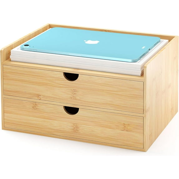 Bamboo Desk Drawer Organizer, Large Desktop Organizer with Drawers Tabletop Storage Organization Box for Office Home Toiletries Supplies Vanity, No Assembly Required (2 Drawer with Shelf)