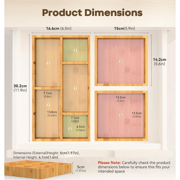 Bamboo Desk Drawer Organizer with Removable Dividers, Multi-Use Office Drawer Organizer Tray, Junk Drawer Organizers for Office, School, Kitchen, Makeup Supply (Original)