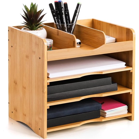 Bamboo Desk File Organizer, 13" Document Letter Tray Sorter with 2 Adjustable Shelves, 4 Tier Mail Organizer Countertop, Paper Storage Holder Box Cubby for Magazine, Office, Home, School