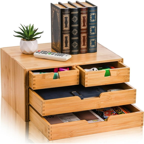 Bamboo Desk Organizer, 100% Natural Bamboo Desktop Drawer Organizer, Tabletop Storage Cabinet Organization Box with 4 Drawers for Makeup, Letter, Home Office Supplies, 3-Layer, Fully Assembled