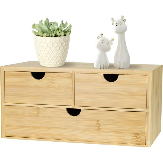Bamboo Desk Organizer, 3 Drawer Desktop Organizer, Tabletop Storage Organization Box for Bills, Countertop, Home Office Supplies