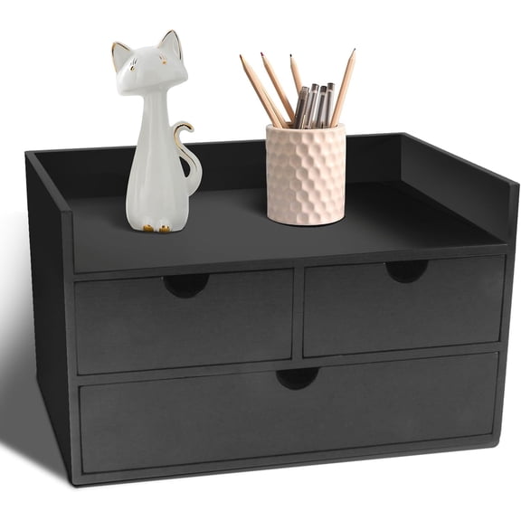Bamboo Desk Organizer 3 Drawer with Shelf, Countertop Organizer with Drawers Makeup Storage Drawer 3 Drawers Tabletop Storage Organization Box Home Office Workspace（Black）