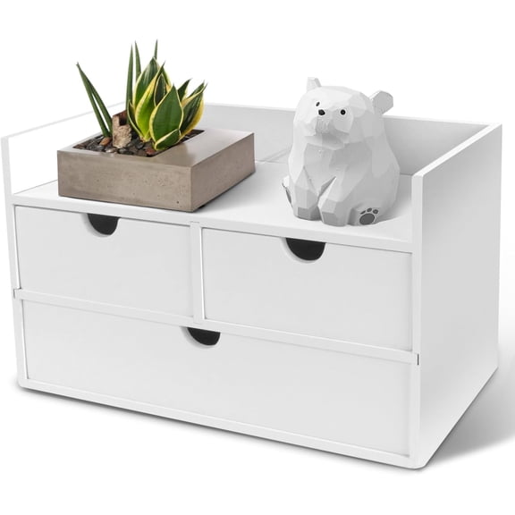Bamboo Desk Organizer 3 Drawer with Shelf, Countertop Organizer with Drawers Makeup Storage Drawer 3 Drawers Tabletop Storage Organization Box Home Office Workspace(White)