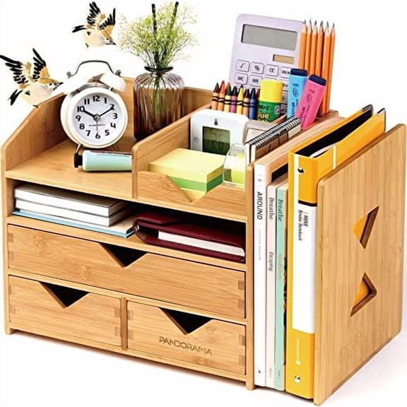Bamboo Desk Organizer with Adjustable File & Book Holder, Large 4Tier Dektop Storage for Office, A4 Full Size Drawer, No Assembly Required,Kitchen and Bedroom$$Office
