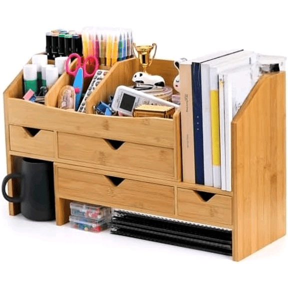 Bamboo Desk Organizer with Adjustable File Holder, Mini Desk Drawer Tabletop Organization Box with 4 Drawers for Makeup, Letter, Pens, Home Office Supplies, Vanity, 3 Layer, Fully Assembled$$Office