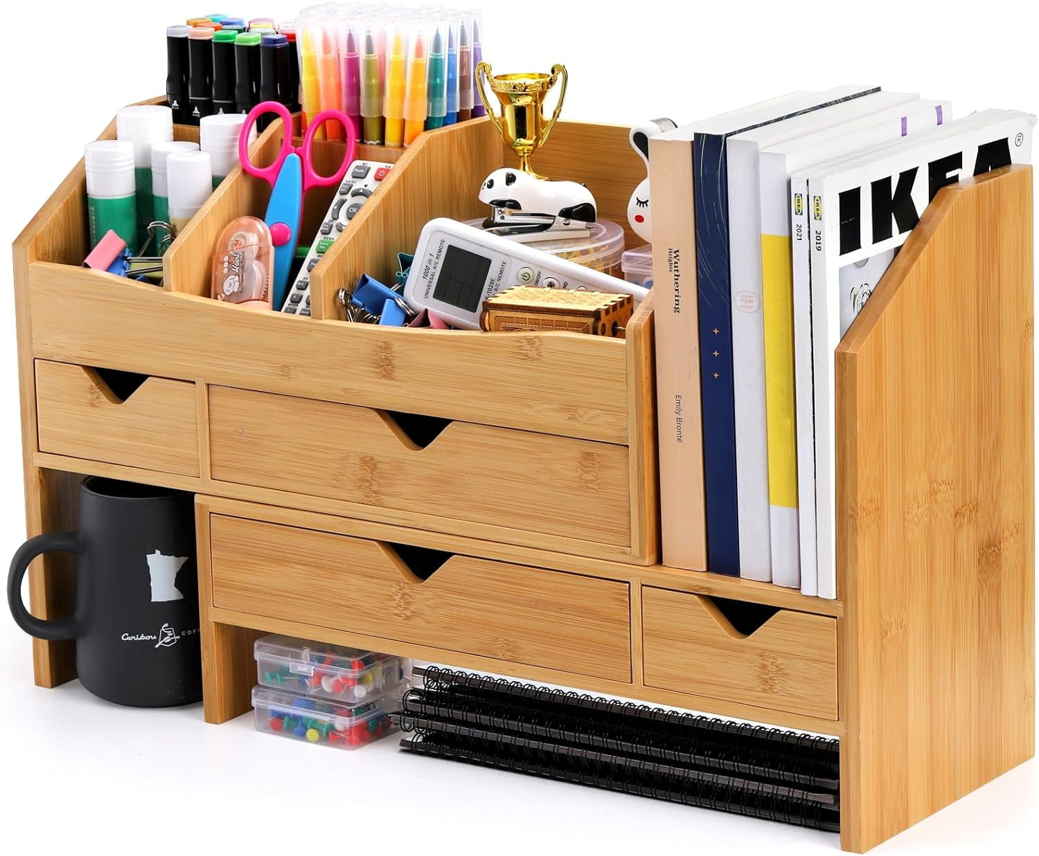 Bamboo Desk Organizer with Adjustable File Holder, Mini Desk Drawer Tabletop Organization Box with 4 Drawers for Makeup, Letter, Pens, Home Office Supplies, Vanity, 3 Layer, Fully Assembled