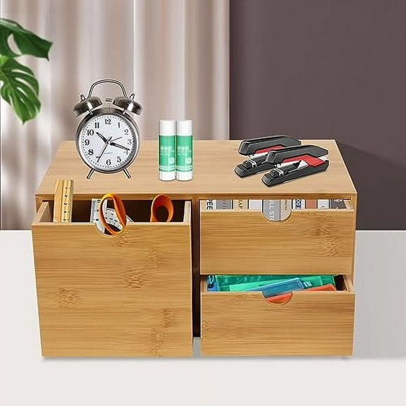Bamboo Desk Organizer,Countertop Storage Cabinet with 3 Drawers Mini Tabletop Rack Holder for Home Office Supplies