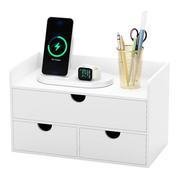 Bamboo Desk Organizer with Drawers Desktop Storage Drawers for Bills Office Supplies Kitchen Utensils Organizing Tool for Home Classroom Organization No Assembly (White)