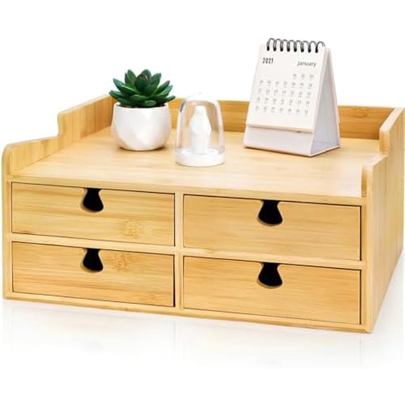 Bamboo Desk Organizer with Drawers, Small 3 Tier Desktop Drawers for Countertop, Mini Tabletop Storage Containers with Anti-scratch Pads for Home Office Supplies Makeup, No Assembly Required$$Office