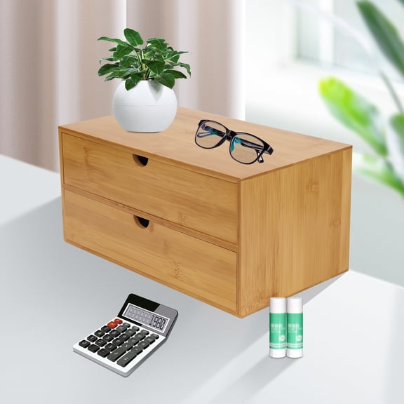 Bamboo Desk Organizer Drawers Tabletop Storage Box for Storing Stamps, Notes, Paper Clip,Scissors, Bills, Pens, Pencils
