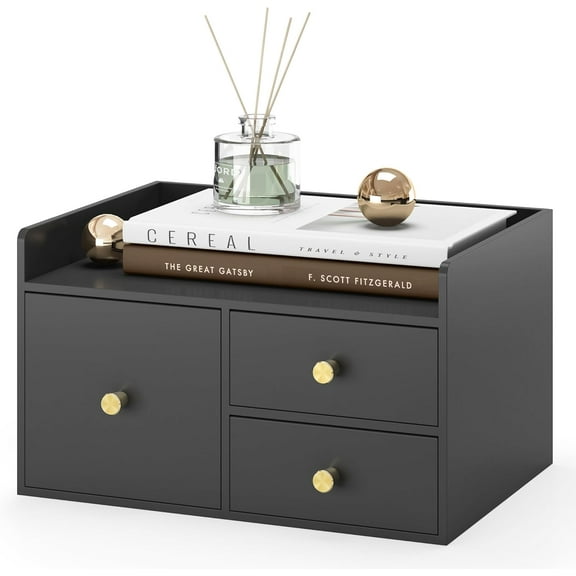 Bamboo Desk Organizer with Drawers Wooden Desktop Storage Drawers for Bills Office Supplies Kitchen Utensils Organizing Tool for Home Classroom Organization No Assembly (3 Drawer, Black)