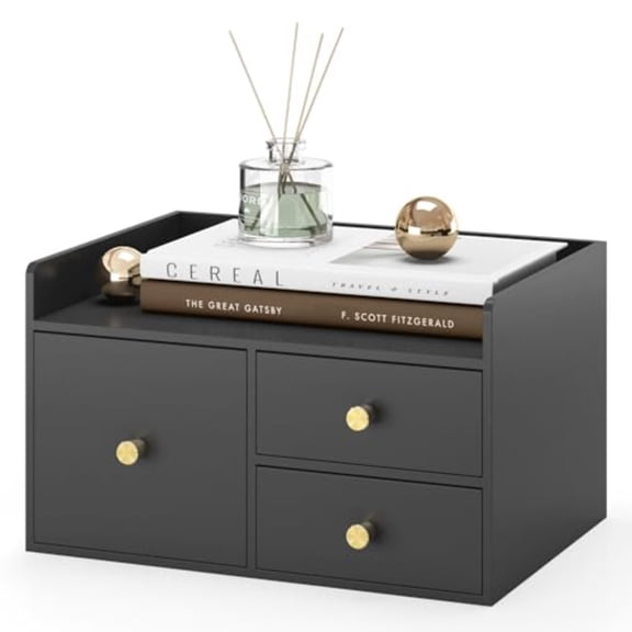 Bamboo Desk Organizer with Drawers Wooden Desktop Storage Organization Box for Bills Office Supplies Kitchen Utensils Organizing Tool for Home Classroom Vanity No Assembly Required 3 Drawer Black